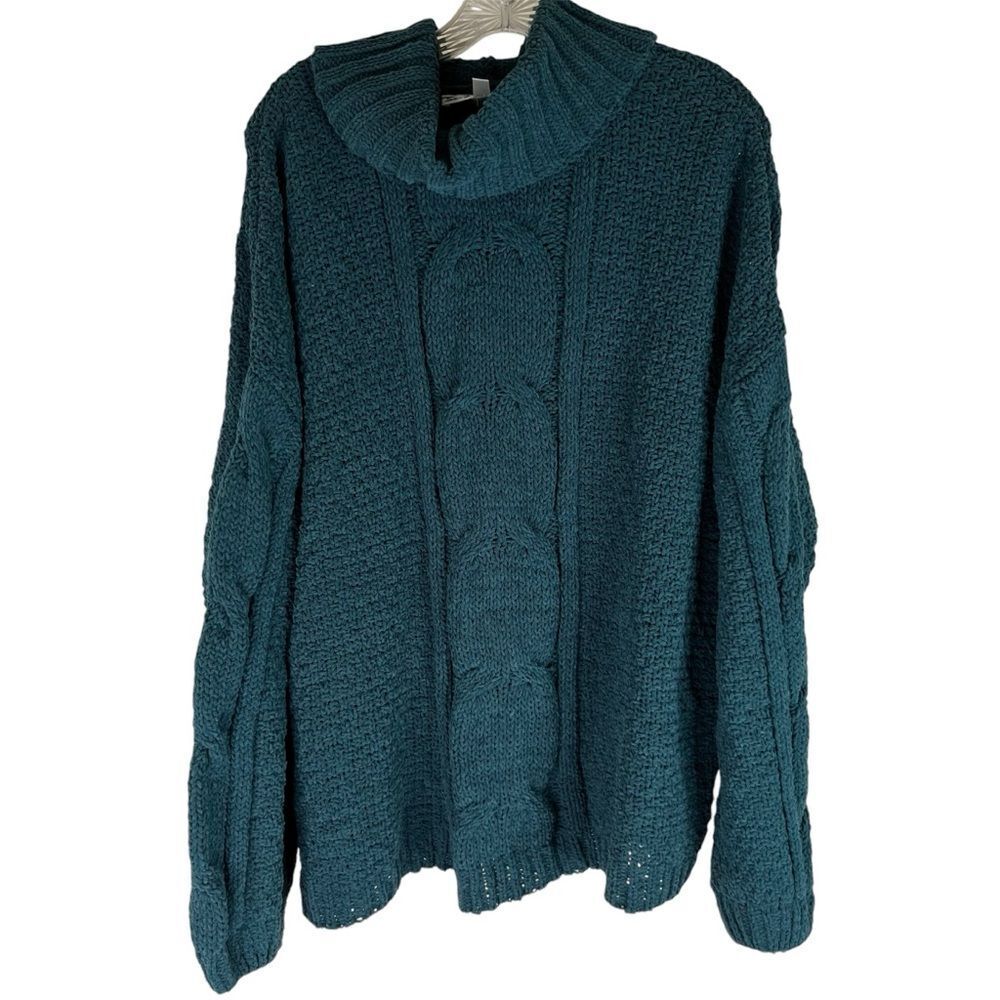 Seven7 Sweater Women’s Teal Chenille Cable Knit Cowl Neck Super Soft Deep L